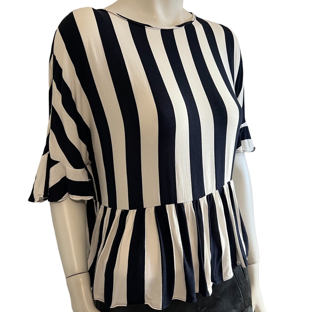 Zara trf collection striped button detail ruffle black and white peplum … - Picture 2 of 8